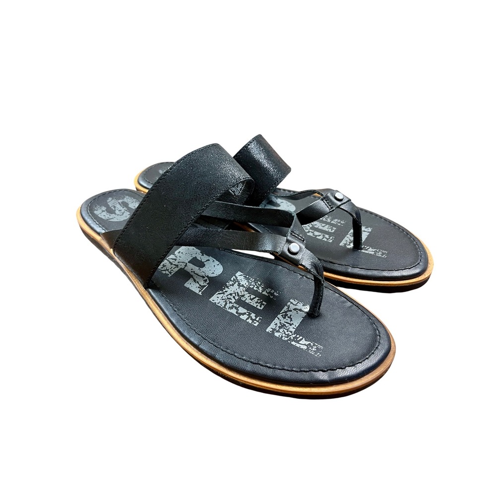 SOREL Ella 2 Easy Flip Sandals 9 Black Leather Thong Slide Strappy Minimalist